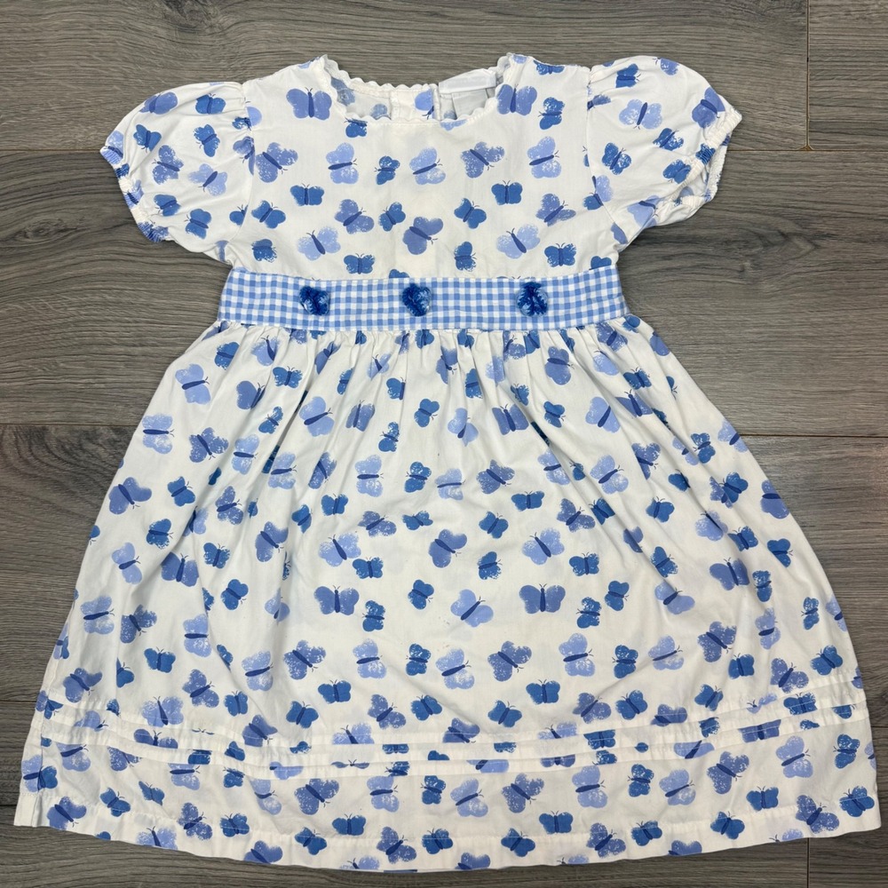 Vintage Buster Brown Girls 4T Butterfly Print Dress Blue White Gingham Sash
